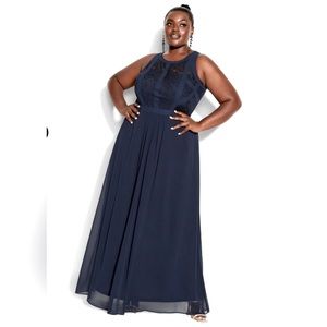 Lace Paneled Bodice Navy Maxi Dress